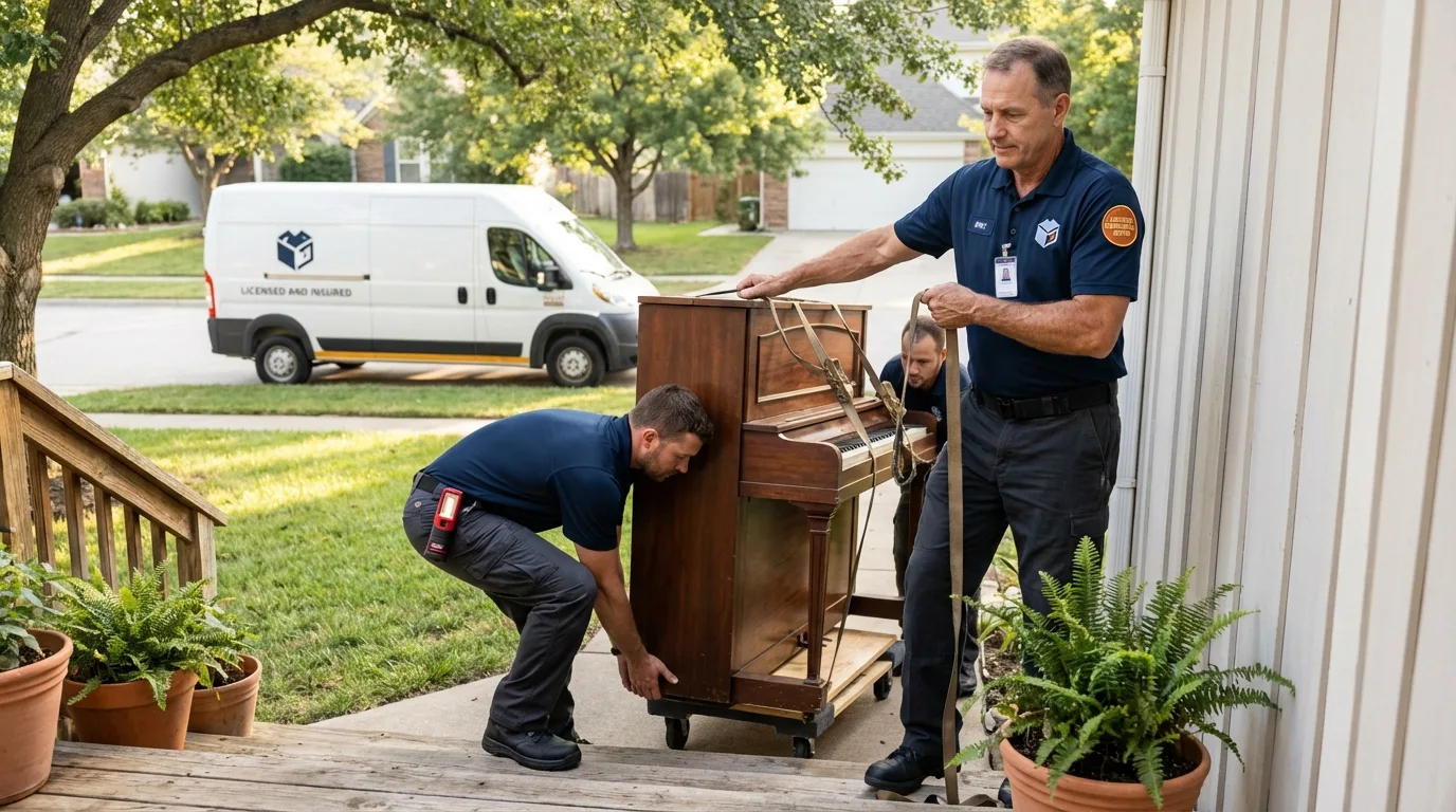 Licensed piano movers securing grand piano in Eagle Mountain, UT