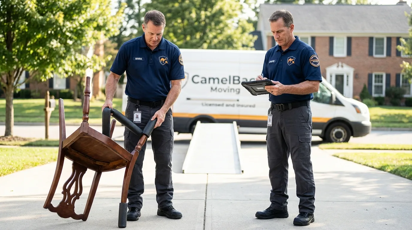 Movers inspecting furniture for damage prevention before loading in Eagle Mountain, UT