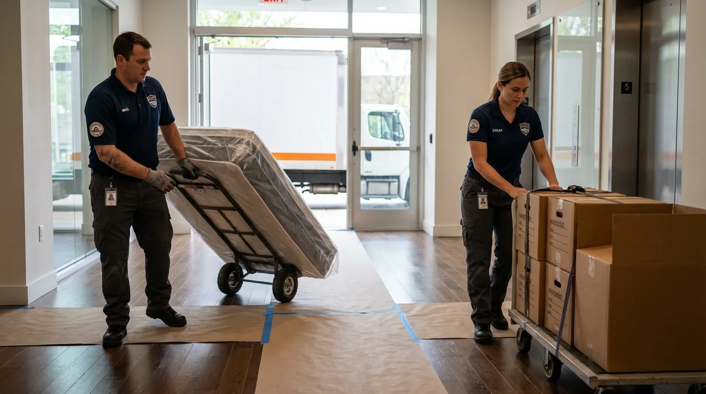 Professional apartment movers loading elevator in Eagle Mountain, UT