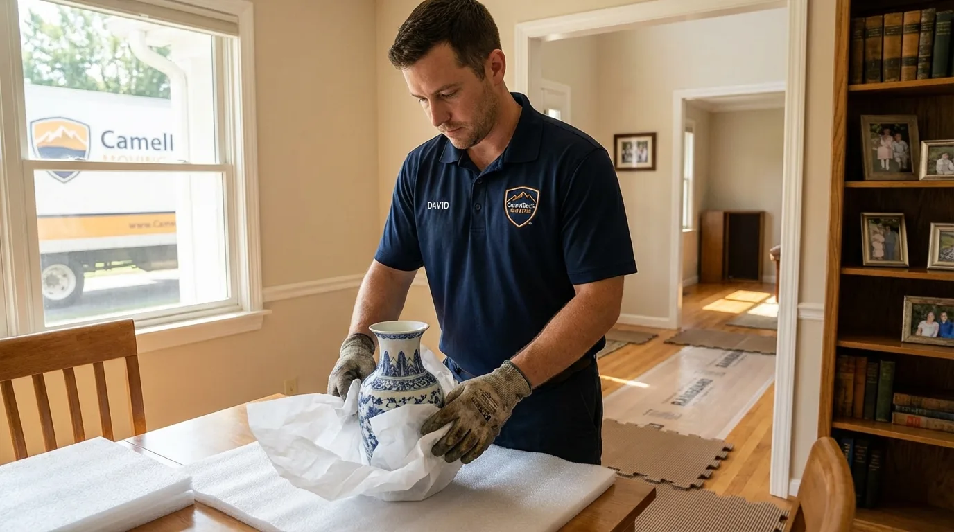 Professional crew carefully wrapping antique vase for senior downsizing move in Eagle Mountain, UT